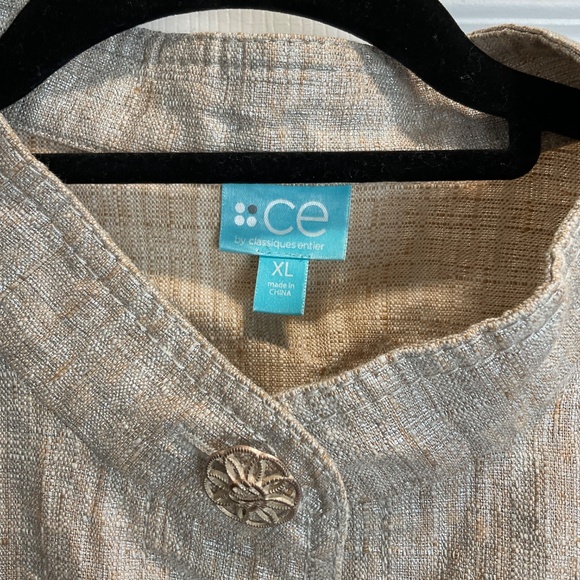 Classique Entier Shimmery Tan Jacket Peplum Gold Wire Floral Buttons Size XL - Picture 7 of 7